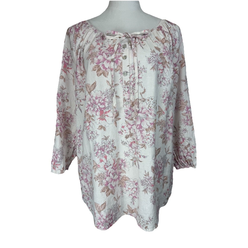 Women's Anne Carson Blouse Top M Smocked Linen Blend 3/4 Sleeves Spring Peasant